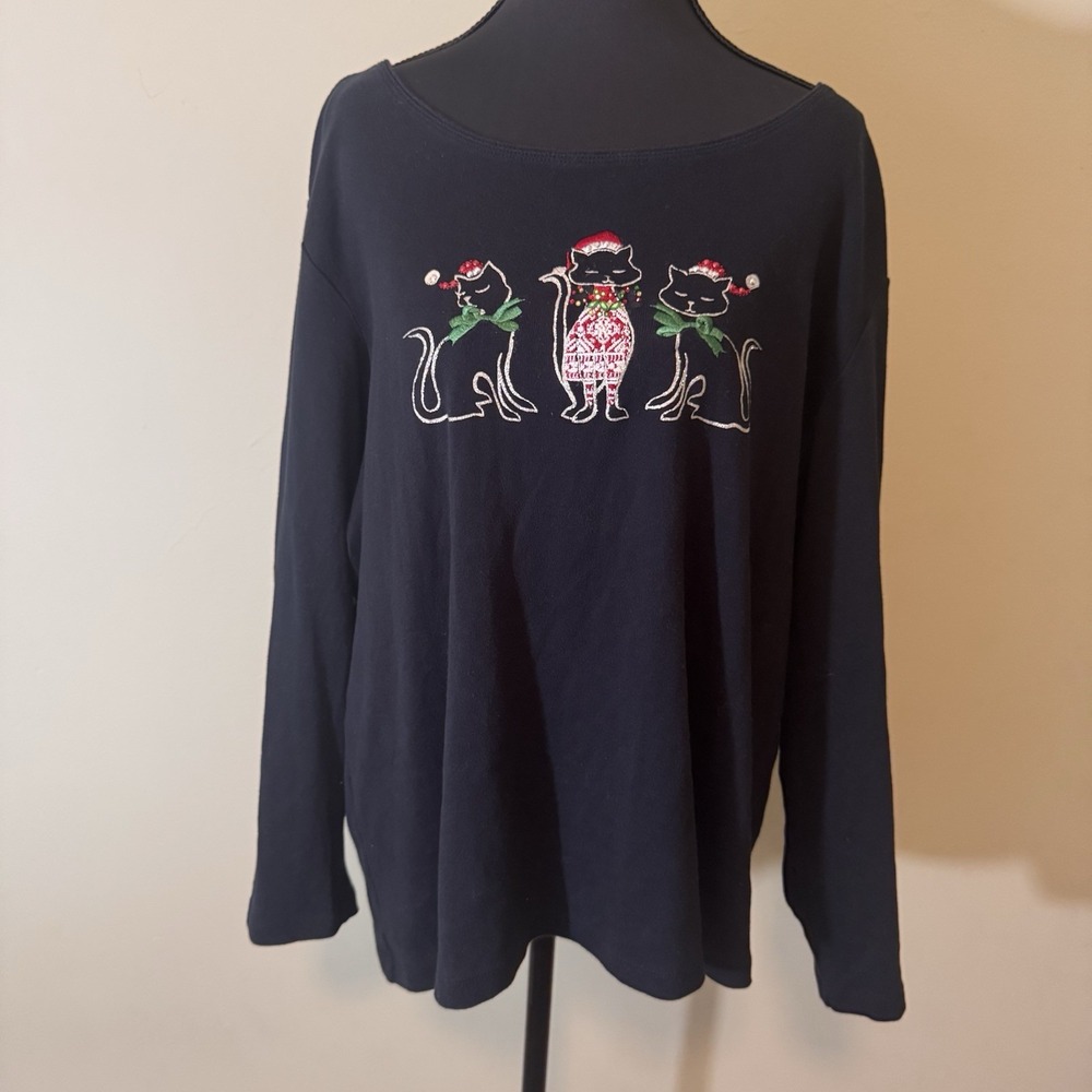 Karen Scott Woman Christmas Cats Embroidered Holiday Top Black Size XL